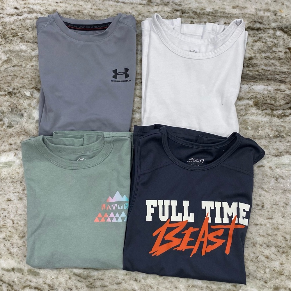 Set of 4 Kids Short Sleeve Tops — Gray, White, Green, Navy all size small